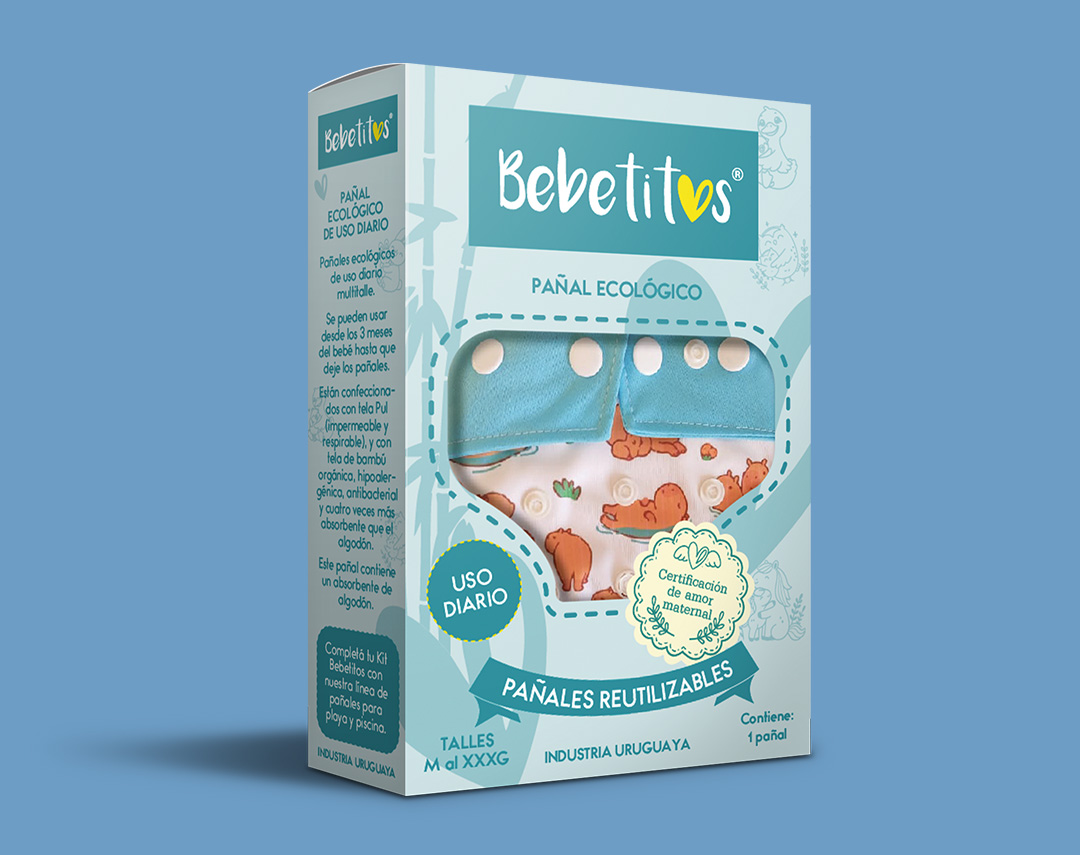 Caja de pañal ecológico reutilizable de uso diario Bebetitos sobre fondo azul