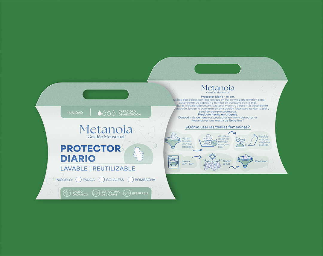 Packaging de protector diario reutilizable Bebetitos sobre fondo verde