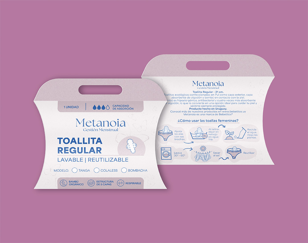 Packaging de toallita regular reutilizable Bebetitos sobre fondo rosa
