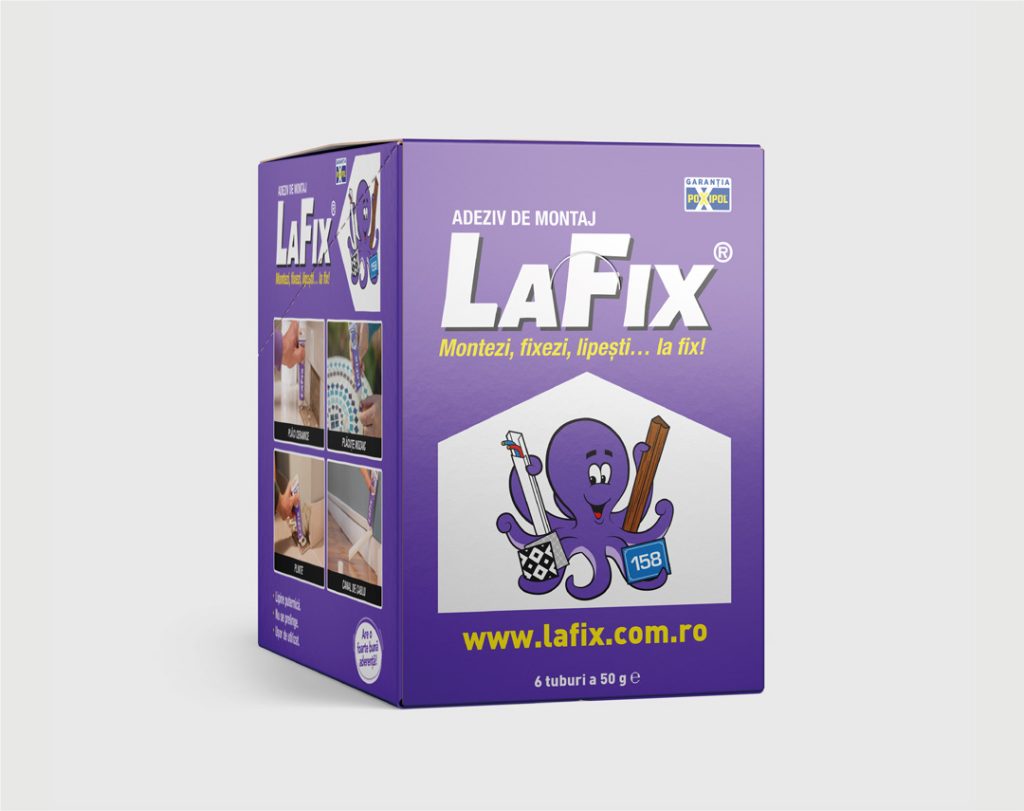 Caja de adhesivo de montaje LaFix con mascota pulpo